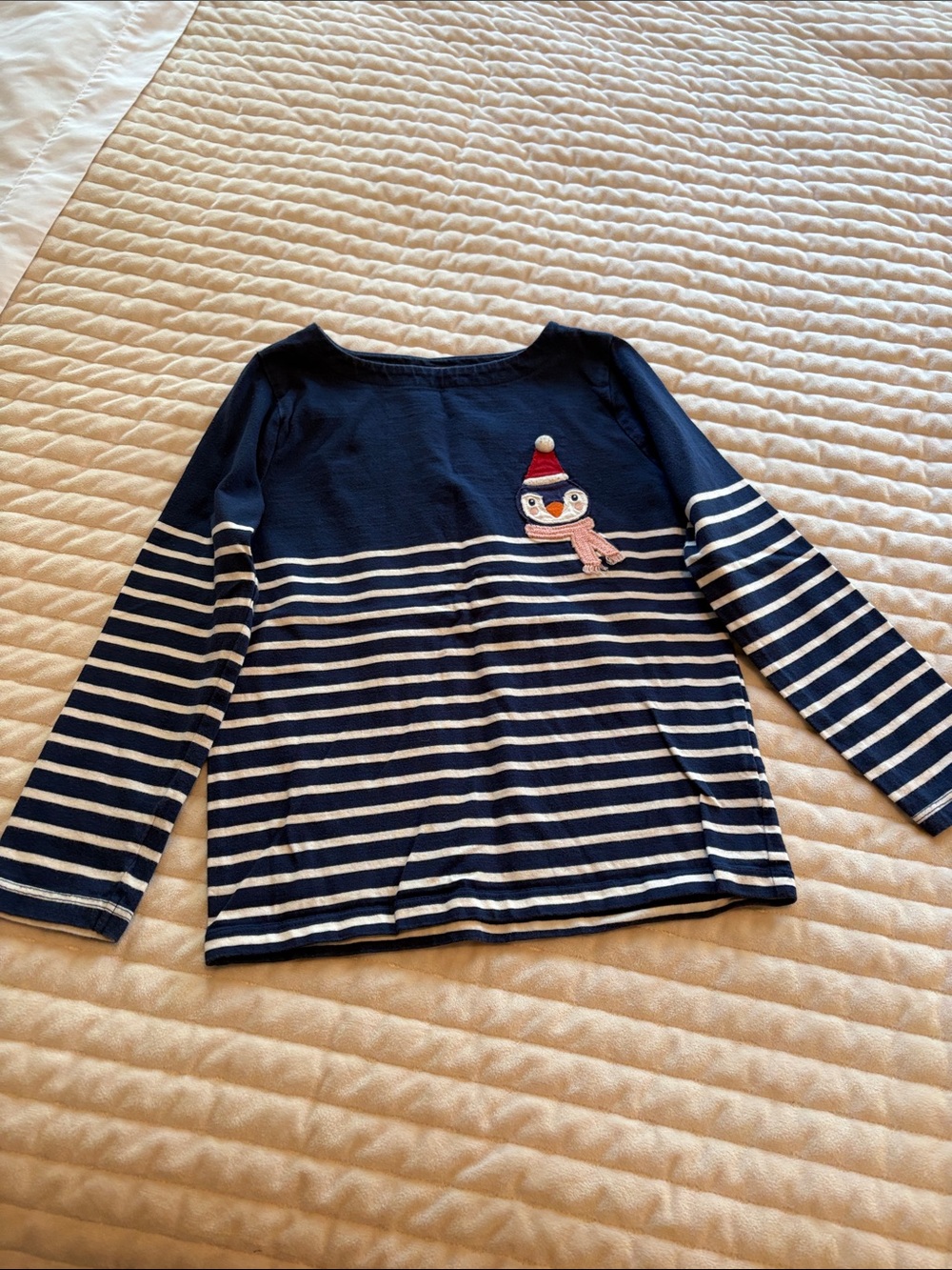 Mini Boden Navy & White Striped Kids Top with Penguin Patch